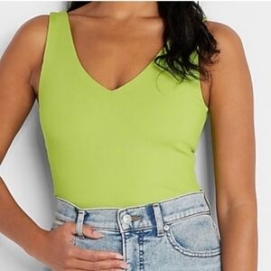 Express Lime Green Ribbed Double V-Neck Bodysuit L /Xl